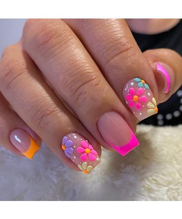 24 Pcs Summer Press on Nails Medium Square Fake Nails Colored Flowers Design Glossy Acrylic Nails French Tip False Nails with White Dots Stick on Nails Artificial Nails for Women and Girls DIY Orange Blue