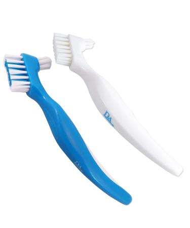 Denture Brush (Set of 2) Blue & White Brushes Easy Grip Handle Double Bristle Head - Buy Online on GoSupps.com