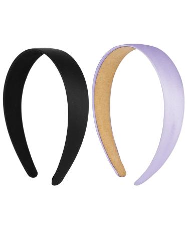 Wllhyf 2 pieces of satin speading straps 2.5 cm wide hard headband fashionable solid stand slide slipproof single colored hair straps Diy hair jewelry for women girls halloween Christmas (black+purple)
