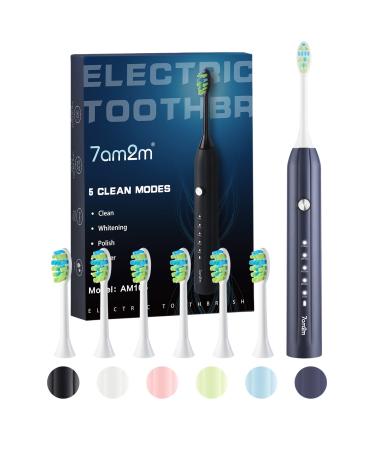 7AM2M Sonic Electric Toothbrush for Adults and Kids One Charge for 90 Days with 6 Brush Heads 5 Modes with 2 Minutes Build in Smart Timer Roman Column Handle Design (Navy Blue) Dark Blue No Travel Case