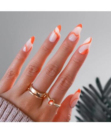 Sethexy abstract almond shape false nails French press on nails swirl fingernails 24st acrylic nails to stick on for women and girls orange