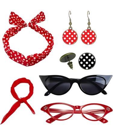 Polka Dot Headband - Drop Earrings Headbands 1950s Outfi Set Vintage Polka Dot Hair Bands with Chiffon Scarf Eye Glasses for Girls Red One Size - Buy Online on GoSupps.com