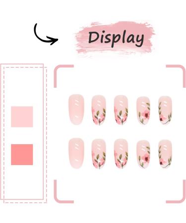 24Pcs Almond Flower Press on Nails - Short French Tip Fake Nails - Glossy Nude Pink False Nails with Vine Flower Design - Oval Acrylic - Full Cover Glue on Nails for Women and Girls - Buy Online on GoSupps.com