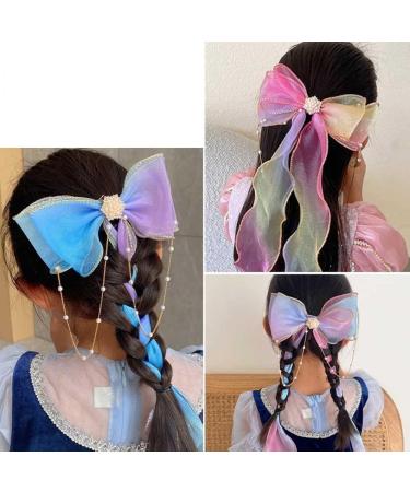 Colorful Ribbon Girls Hair Bows 2 Pcs Princess Long Ribbon Pearl Tassels Rainbow Hair Barrettes Big Bows Hair Clips Long Ponytails Alligator Clips Hair Accessories for Girls Toddlers - Buy Online on GoSupps.com