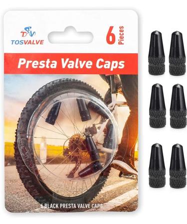 Presta Valve Cap 6 Pieces - Cycling Tire Air Valve Caps | Anodized Tire Stem Valve Caps Dust Free - Aluminum Alloy Color Bike Tire Valve Cap | Bicycle Presta Valve Cover - (Black)