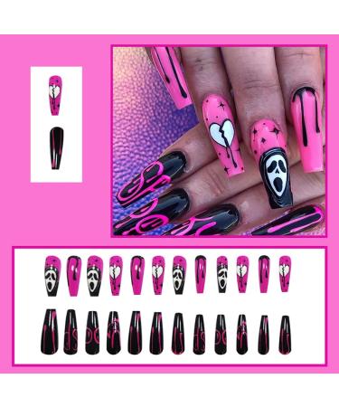 Halloween Ghost Face Press on Nails - 24 Pcs Coffin False Nails for Women and Girls with Nail Glue - DIY Acrylic Halloween Decoration - Buy Online on GoSupps.com