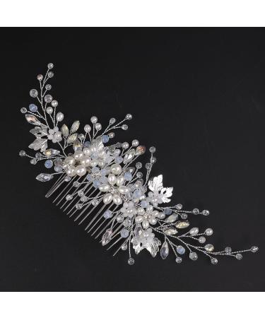 BERYUAN Women Pearls Rhinestone Flower Beads Wedding Hair Comb Opal Rhinestone Pearls Silver Leaf Bride Headband Silver Wedding Hair Accessories for Bride Bridesmaid Girls - Buy Online on GoSupps.com