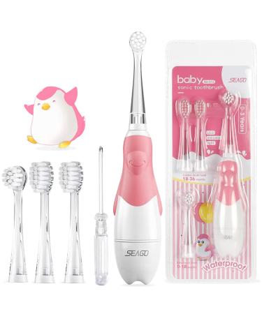 SEAGO SG513 Baby Electric Toothbrush Age 0-3 Years Toddler Battery Toothbrushes with 4 Brush Heads with LED Light Smart Timer Kids Children Children's Waterproof IPX7 Toothbrush (Baby Pink)
