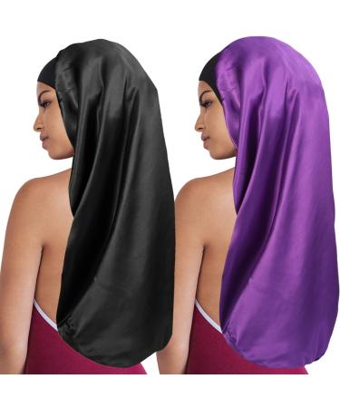 Long Satin Bonnet Sleep Cap Extra Large Silk Sleeping Cap with Wide Elastic Band Loose Night Hat for Women Braids Comfortable (Black Purple)