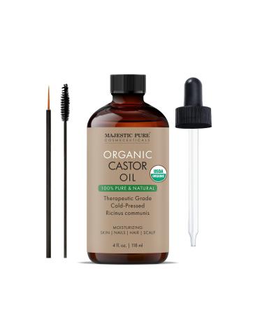 MAJESTIC PURE USDA Organic Castor Oil | Hexane Free & 100% Pure | Cold Pressed | Stimulate Growth for Hair Eyelashes Eyebrows Nails | Moisturizing & Nourishing | Body Hair & Carrier Oil | 4 Fl Oz Organic Castor 4 Fl Oz