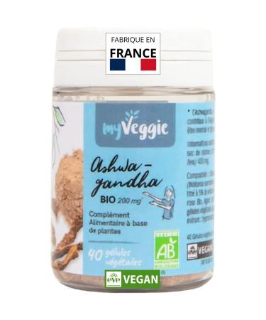 myVeggie - Organic Ashwagandha - Anxiety, Anti-Stress, Sleep, Energy, Wellness, Chronic Fatigue, Vitality - Plant Extracts, Vitamins & Minerals - Vegan - Made in France - 40 Capsules