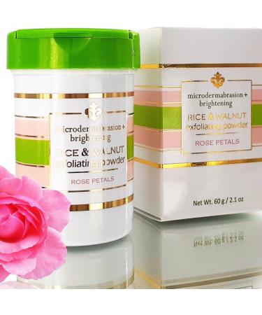 Rice and Walnut Exfoliating Powder (Rose Petals) 100% Natural Scrub/Exfoliator - Pore purifying anti-aging ingredients fights wrinkles acne scars sagging skin dry skin - 2.1 oz - Made in the USA