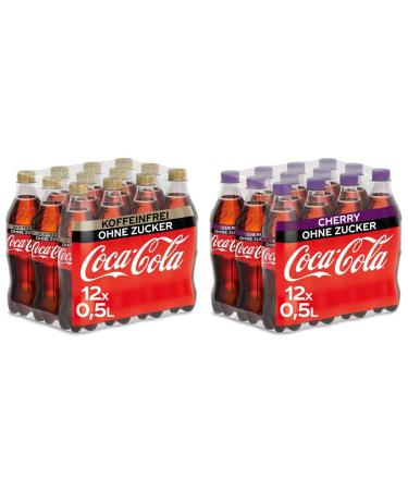 Coca-Cola Zero Sugar caffeine-free soft drink-zero sugar disposable bottle 12 x 500ml & zero sugar cherry / fruity refreshment drink without sugar / 12 x 500 ml one-way bundle with Coca-Cola Zero Sugar Cherry