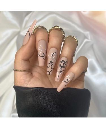 24Pcs Painting Rose Pattern False Nails Wearable French Ballerina Coffin Fake Nails Full Cover Acrylic Nail Tips Press On Nails