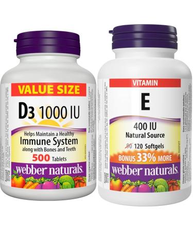 Webber Naturals Vitamin D3 1000 IU 500 Tablets For Healthy Bones Teeth and the Maintenance of Good Health & Vitamin E 400 IU 120 Softgels Natural Source of Vitamin E Antioxidant Support