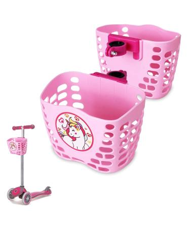 MINI-FACTORY Scooter Basket for Kids, Cute Cartoon Pink Unicorn Scooter Accessories Front Handler Bar Carrying Basket for Kid Girls