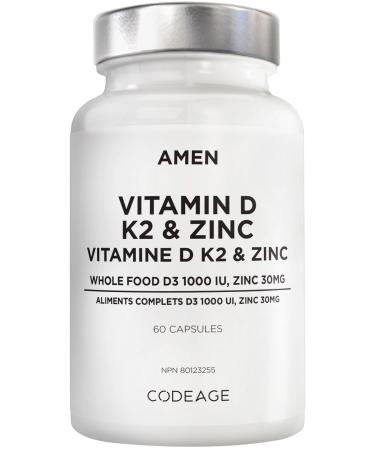 Amen Vitamin D3 K2 & Zinc Supplement - 2-Month Supply - Immune & Bone Health Energy Metabolism Skin & Tissue Support Whole Food With Apple Blueberry Cranberry Elderberry - Non-GMO - 60 Capsules