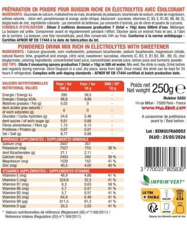 MULEBAR - Powdered Hydration Drink - Citrus - Anti-Fatigue - Antioxidant - 8 Vitamins - 5 Minerals - Electrolytes - Very Low Sugar Taste - Easy to Digest - Made in France - 250gr - Buy Online on GoSupps.com