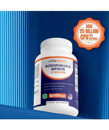 Vitamatic Acidophilus Bifidus 25 Billion DR Capsule - 60 Count - Digestive Support - Made with Prebiotic Inulin Fiber - 2 Pack (120 Count) - Buy Online on GoSupps.com