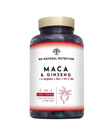 Maca Root + Ginseng + L Arginine. Triple Energy. Zinc + Vitamin C & B. Increases Sports Performance. Reduces Tiredness and Fatigue. Antioxidant. 120 Capsules. CE Vegan. N2 Natural Nutrition