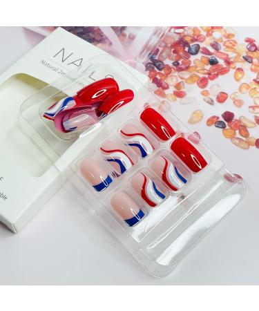 4th of July Patriotic French Tip Fake Nails - Red, Blue, White Swirl Design | 24Pcs Full Cover Coffin Nail Tips for Women - Buy Online on GoSupps.com
