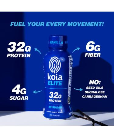Koia Elite Plant Based Protein Shake, Vanilla, 32g Protein, 4g Sugar, 6g Prebiotic Fiber, Pre & Post Workout Nutritional Drink, No Seed Oils, Dairy-Free, Gluten-Free, Non-GMO, 12 Fl Oz (Pack of 12) - Buy Online on GoSupps.com