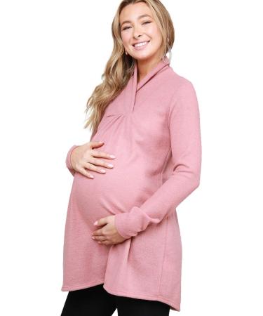 My Bump Maternity Knit Sweater - High Neck Shawl Collar Long Sleeves Tunic Pullover Top (Made in USA) L Mauve Tlai