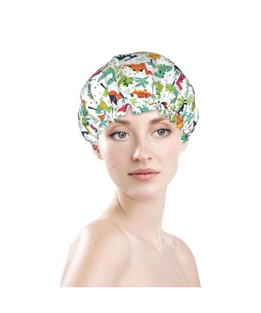 Kadiman Dinosaur Shower Cap for Women Long Hair  Elastic Large Bathing Bonnet Reusable Double Waterproof Layers Bath Hair Cap