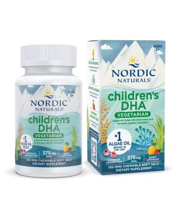 Nordic Naturals Children's DHA Vegetarian - Kids DHA Omega-3 Supplement -Algae Oil - Berry Lemonade Mini Chewables - Plant-Based Formula for Ages 3+ - 120 Soft Gels - 40 Servings 120 Count (Pack of 1)