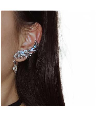 Boho Crystal Angel Wing Earrings Silver Rhinestone Wing Earrings Cz Crystal Ear Climber Earrings Guardian Wing Clip on Earrings Jewelry for Women and Girls Gifts