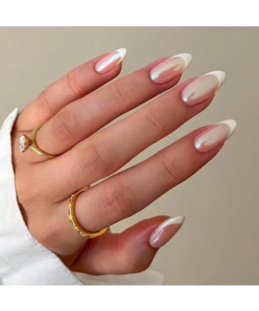 YOSOMK French Tip Press on Nails | Medium Almond Fake Nails with Chrome Designs | Glossy Nude Mirror Acrylic Nails for Women - Buy Online on GoSupps.com