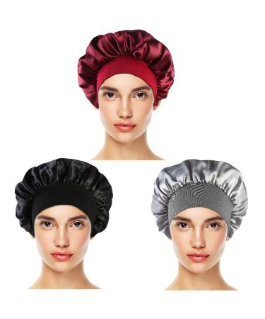 Petyoung 3 Pack Satin Sleep Caps for Women & Girls - Elastic Wide Band Beanie Hat for Curly Hair - Wine Red, Black, Silver - Buy Online on GoSupps.com