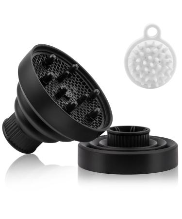 Diffusor hair dryer attachment diffuse hair diffuser attachment hair diffuser with scalp massage brush for curly or wavy hair styling for nozzle 1.57-1.97 inches |Black
