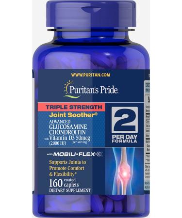 Puritans Pride Triple Strength Glucosamine Chondroitin with Vitamin D3 Caplets, 160 Count 160 Count (Pack of 1)