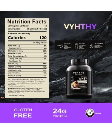 VYHTHY Blueberry Pancake Flavored Whey Protein Powder 24g Protein per Serving Fast-Absorbing Concentrated whey Protein Low Sugar Gluten-Free Natural Flavor 3.5lbs(56oz) - Buy Online on GoSupps.com