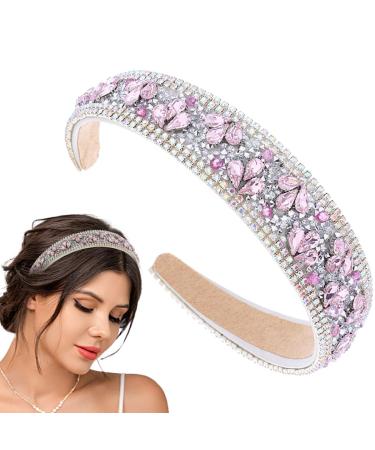 Flayem Rhinestone Headband Glitter Sparkly Crystal Hair Hoop Gorgeous Padded Wide Hair band Jewelry Accessories Prom Banquet Headwear for Women and Girls (Pink)