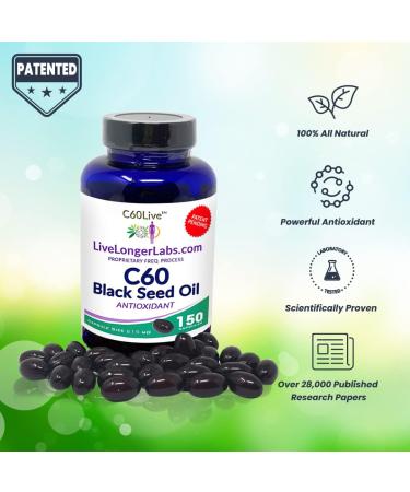C60live Carbon 60 & Black Seed Oil Antioxidant Supplement - 150 Gel Capsules for Blood Pressure, Cholesterol, Liver Support - Natural Ingredients - Buy Online on GoSupps.com