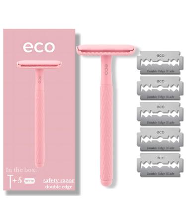 Eco Double Edge Metal Alloy Safety Razor for Women + 5 Double Edge Safety Razor Blade Refills Reusable Razor for Shaving (Pink)