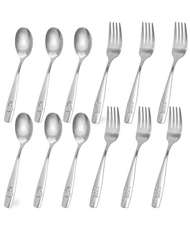 VGOODALL 12PCS Children Safe Forks and Spoons Silverware for Kids Cutlery Set Toddler Utensils Stainless Steel Tableware with Bunny and Puppy Motifs