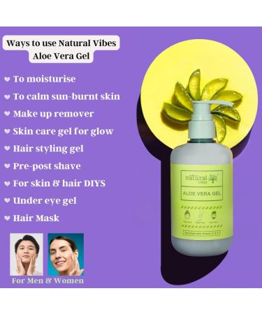 Natural Vibes Aloe Vera Gel | Vitamin C & E | Hydrate Glow Brighten Skin | Soften & Condition Hair | Reduce Acne | Face Hair & Body | Men & Women | All Skin & Hair Types | 300 ml - Buy Online on GoSupps.com