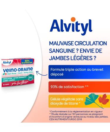 Alvityl - Veino-Draine - Circulation Draining action Light legs - Red vine - 93% satisfaction - 30 capsules - Buy Online on GoSupps.com