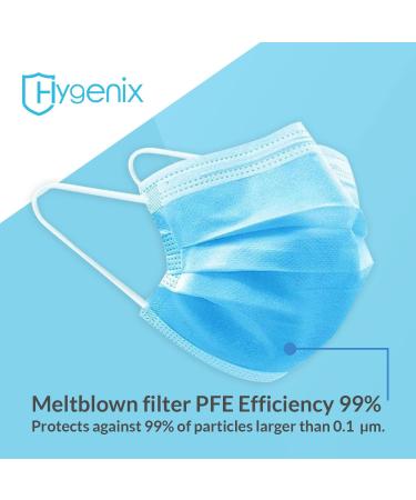 HYGENIX 3-Ply Disposable Face Masks - PFE 99% Filter Quality - Tested by US Lab - Pack of 50 Pcs (Light Blue) - Buy Online on GoSupps.com