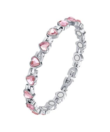 Jecanori Lymphatic Drainage Magnetic Bracelet for Women Titanium Steel Magnetic Wristbands with Gorgeous Sparkling Love Heart Shape Cubic Zirconia Costume Brazaletes with Removal Tool&Gift Box Pink