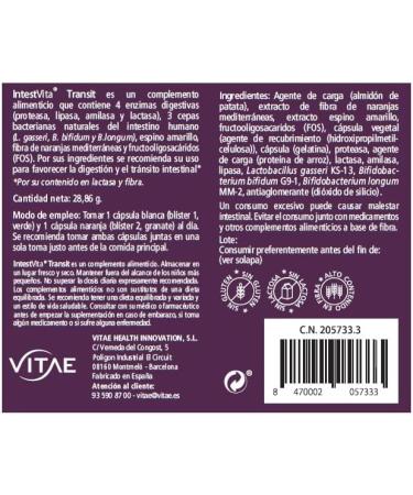 VITAE INTESTVITA TRANSIT 60cap is a capsule formula designed for regular use It is taken regularly according to the indicated dosage The package contains 60 capsules This is how it becomes an Unflavoured 60 Unidad Paquete  - Buy Online on GoSupps.com