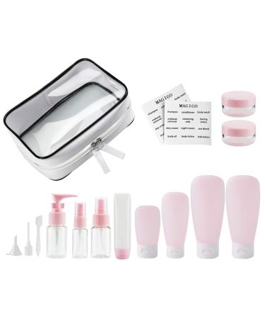 MAGIGO Pink Toiletries Leak Proof Travel Bottle Set (16 Pack), TSA Approved Airline Carry-On with Clear Bags for Women