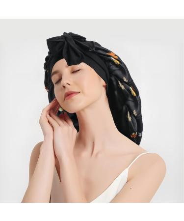 Arqumi Satin Sleeping Bonnet - Adjustable Large Satin Sleep Cap with Butterfly Pattern in Black - Buy Online on GoSupps.com