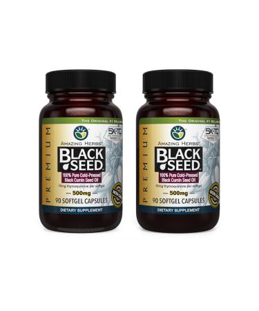 Amazing Herbs Premium Black Seed Oil Capsules - Gluten Free, Non GMO, Cold Pressed Nigella Sativa Aids in Digestive Health, Immune Support, Brain Function - 90 Count, 500mg (Pack of 2) 90 Count (Pack of 2)