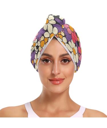 Cartoon Colorful Flower1 Hair Towel 2 Pack Super Absorbent Hair Drying Towel Quick Dry Hair Turbans Head Towel with Button Twisty Wrap for Women Girls