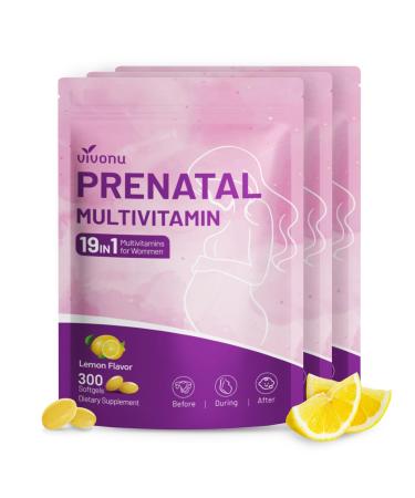 19-in-1 Prenatal Multivitamin 100 Day Supply Prenatal Vitamins Lemon Flavor Before During & Post Pregnancy with Folic Acid Probiotic Biotin Zinc Vitamin D3 K2 B6 B12 C & More 300 Softgels