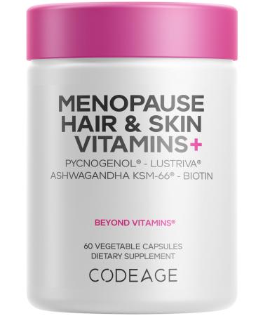 Codeage Menopause Hair & Skin Vitamins+ - Patented Lustriva Pycnogenol KSM-66 Ashwagandha - Hair Density Skin Perimenopause Support - Menopause Supplement - 10 000 Mcg Biotin Wild Yam - 60 Capsules